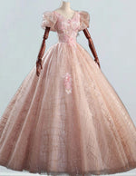 Pink v neck lace beaded applique princess wedding ball gown long tulle evening gown party dress