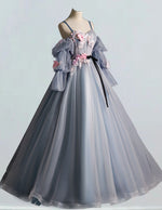 Grey blue straps detachable sleeve pleated pink lace applique long tulle prom dress ball gown evening party dress