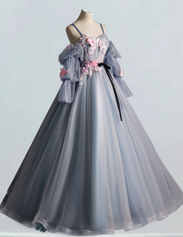 Grey blue straps detachable sleeve pleated pink lace applique long tulle prom dress ball gown evening party dress