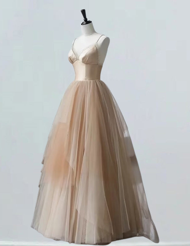 Champagne spaghetti strap beading long tulle prom dress