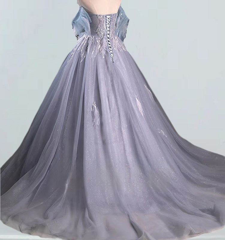 Gray strapless long tulle ball gown,fairy woman prom dress gown