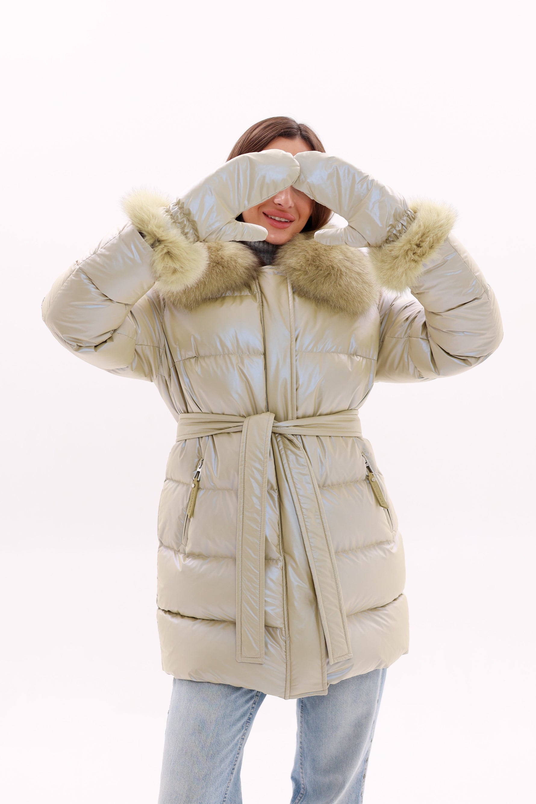 Genuine Fox Fur Down Coat with Fur Trim Mittens