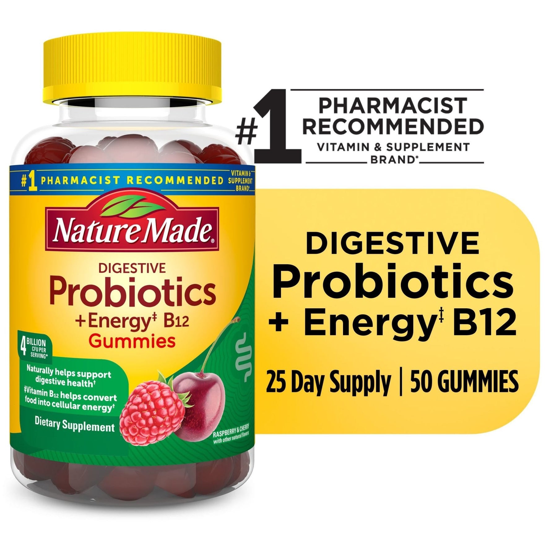 Nature Made Probiotics + Energy B12, Digestive, Raspberry & Cherry, Gummies