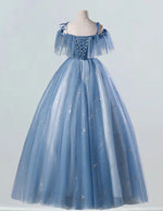 Blue straps sparkle tulle evening party gown fairy long prom dress ball gown