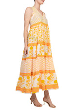Chelsea and Theodore V-Neckline Sleeveless Mixed Print Tiered A-Line Maxi Dress