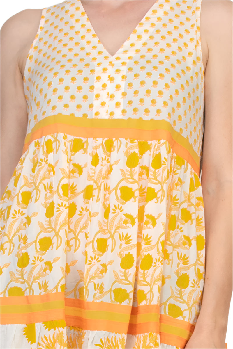 Chelsea and Theodore V-Neckline Sleeveless Mixed Print Tiered A-Line Maxi Dress