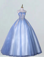 Blue strapless lace applique prom dress ball gown pleated tulle fluffy wedding dress gown