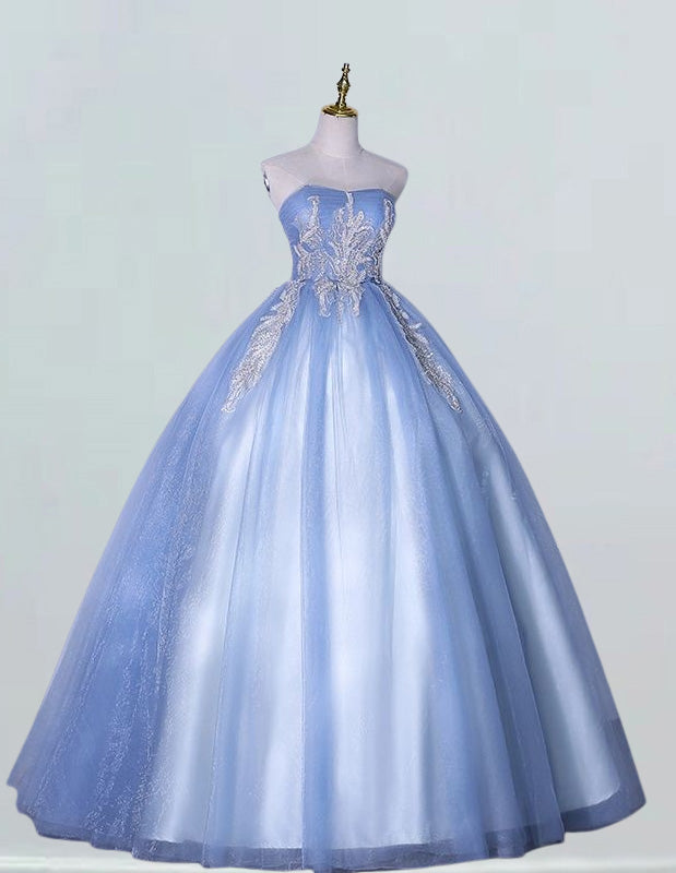Blue strapless lace applique prom dress ball gown pleated tulle fluffy wedding dress gown