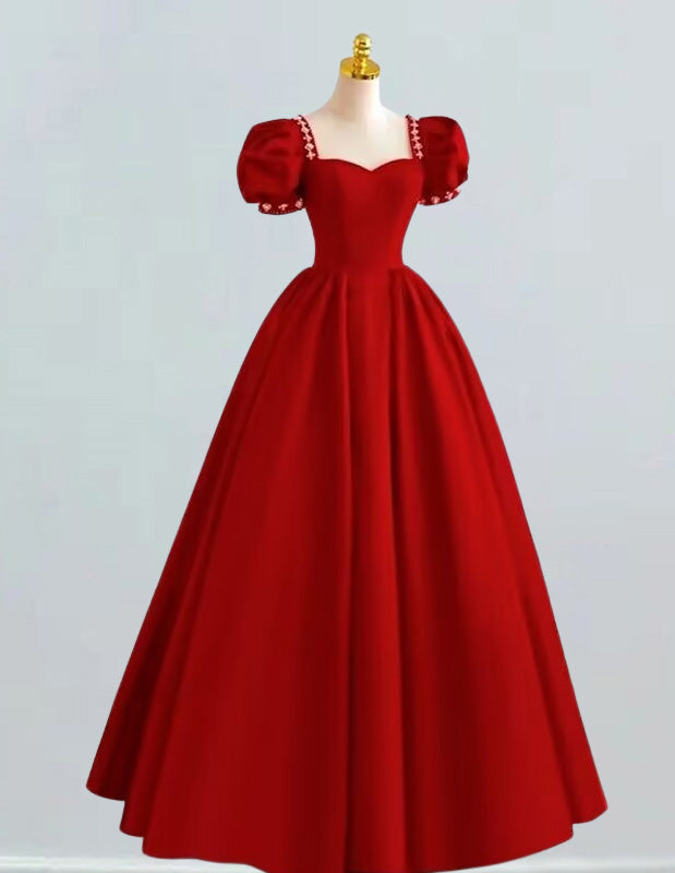 Women's Red Satin Prom Gown Puff Sleeves Square Neckline Evening Dress