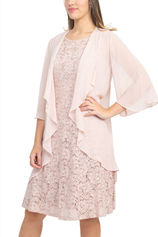 SL Fashion Boat Neck Sleeveless Embellished Fit & Flare Keyhole Back Zipper Back Lace Dress with Open Front Elbow Length Sleeve Cascade  Front Chiffon Jacket - By Baano
