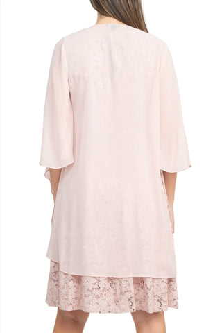 SL Fashion Boat Neck Sleeveless Embellished Fit & Flare Keyhole Back Zipper Back Lace Dress with Open Front Elbow Length Sleeve Cascade  Front Chiffon Jacket - By Baano