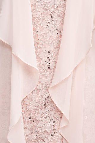 SL Fashion Boat Neck Sleeveless Embellished Fit & Flare Keyhole Back Zipper Back Lace Dress with Open Front Elbow Length Sleeve Cascade  Front Chiffon Jacket - By Baano