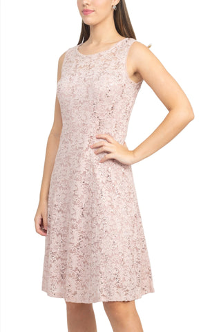 SL Fashion Boat Neck Sleeveless Embellished Fit & Flare Keyhole Back Zipper Back Lace Dress with Open Front Elbow Length Sleeve Cascade  Front Chiffon Jacket - By Baano
