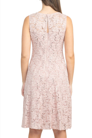 SL Fashion Boat Neck Sleeveless Embellished Fit & Flare Keyhole Back Zipper Back Lace Dress with Open Front Elbow Length Sleeve Cascade  Front Chiffon Jacket - By Baano