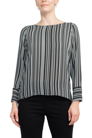 Counterparts Boat Neck Cuffed Long Sleeve Stripe Print Crepe Top - Glamourous Grace