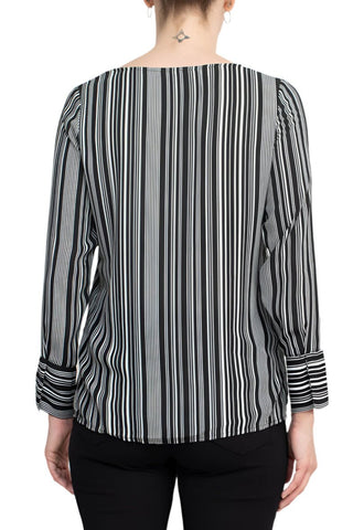 Counterparts Boat Neck Cuffed Long Sleeve Stripe Print Crepe Top - Glamourous Grace
