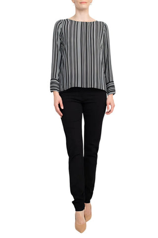 Counterparts Boat Neck Cuffed Long Sleeve Stripe Print Crepe Top - Glamourous Grace
