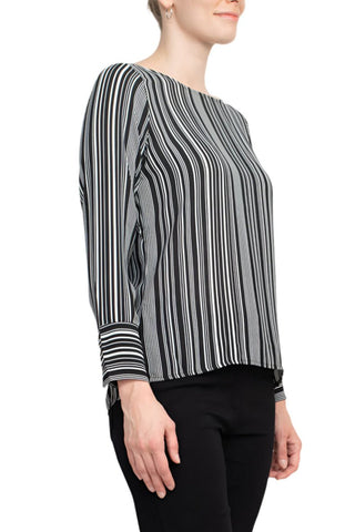 Counterparts Boat Neck Cuffed Long Sleeve Stripe Print Crepe Top - Glamourous Grace