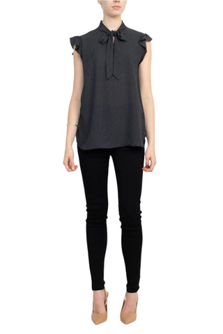 Counterparts Tie Neck Flutter Sleeve Mini Polka Dot Print Crepe Top - By Baano