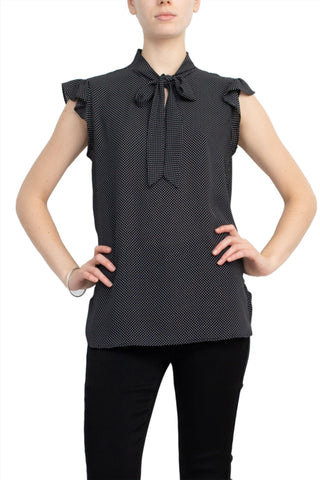 Counterparts Tie Neck Flutter Sleeve Mini Polka Dot Print Crepe Top - By Baano