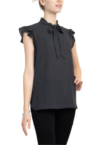 Counterparts Tie Neck Flutter Sleeve Mini Polka Dot Print Crepe Top - By Baano