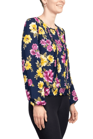 Counterparts Crew Neck Long Sleeve Elastic Cuff Pleated Front Multi Print Crepe Top - Glamourous Grace