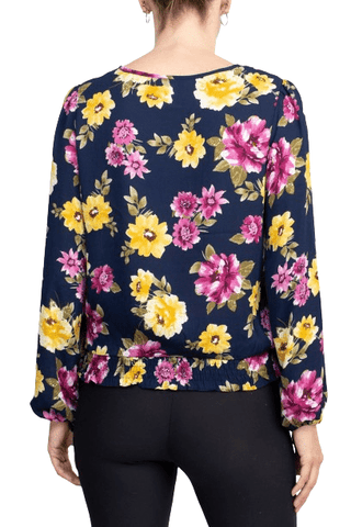 Counterparts Crew Neck Long Sleeve Elastic Cuff Pleated Front Multi Print Crepe Top - Glamourous Grace