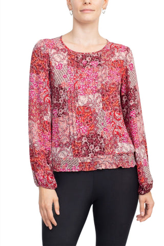 Counterparts Crew Neck Long Sleeve Elastic Cuff Pleated Front Multi Print Crepe Top - Glamourous Grace