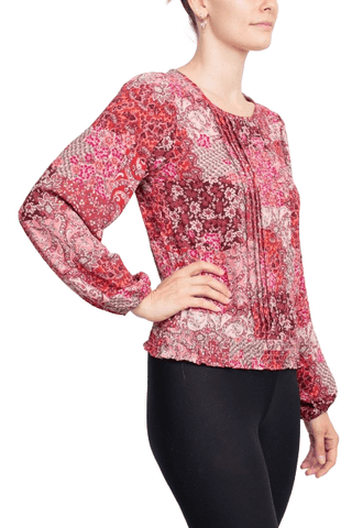 Counterparts Crew Neck Long Sleeve Elastic Cuff Pleated Front Multi Print Crepe Top - Glamourous Grace