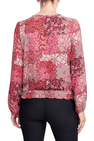 Counterparts Crew Neck Long Sleeve Elastic Cuff Pleated Front Multi Print Crepe Top - Glamourous Grace