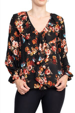Counterparts Ruffled V - Neck Long Elastic Cuff Long Sleeve Multi Print Crepe Top - Glamourous Grace