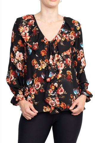Counterparts Ruffled V-Neck Long Elastic Cuff Long Sleeve Multi Print Crepe Top - By Baano