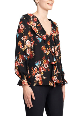 Counterparts Ruffled V-Neck Long Elastic Cuff Long Sleeve Multi Print Crepe Top - By Baano