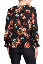 Counterparts Ruffled V - Neck Long Elastic Cuff Long Sleeve Multi Print Crepe Top - Glamourous Grace