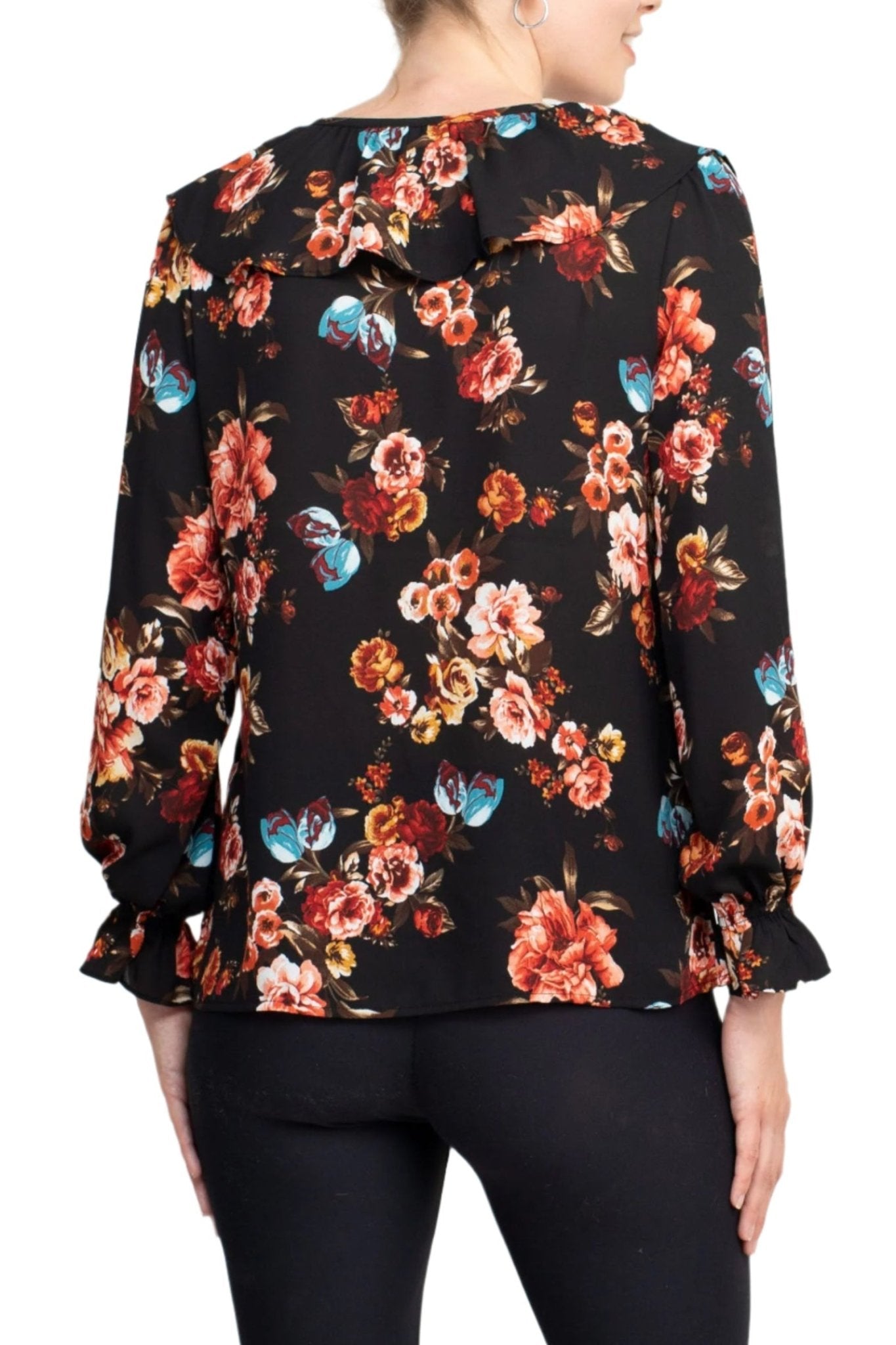 Counterparts Ruffled V - Neck Long Elastic Cuff Long Sleeve Multi Print Crepe Top - Glamourous Grace