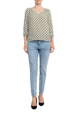 Counterparts V - Neck Elastic Shoulder Detail Elastic Cuff Multi Print Crepe Top - Glamourous Grace