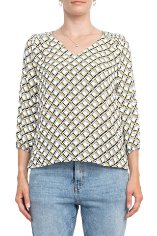 Counterparts V - Neck Elastic Shoulder Detail Elastic Cuff Multi Print Crepe Top - Glamourous Grace