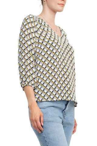 Counterparts V - Neck Elastic Shoulder Detail Elastic Cuff Multi Print Crepe Top - Glamourous Grace