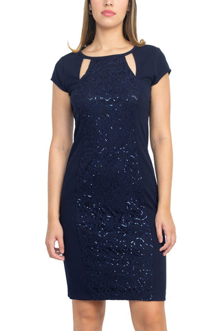 SL Fashion Cutout Crew Neck Cap Sleeve Sheath Zipper Back lace Panel Crepe Dress - By Baano