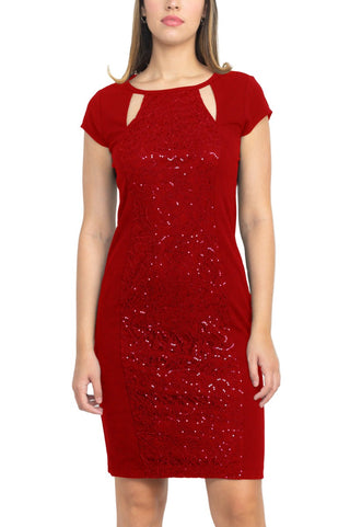 SL Fashion Cutout Crew Neck Cap Sleeve Sheath Zipper Back lace Panel Crepe Dress - By Baano