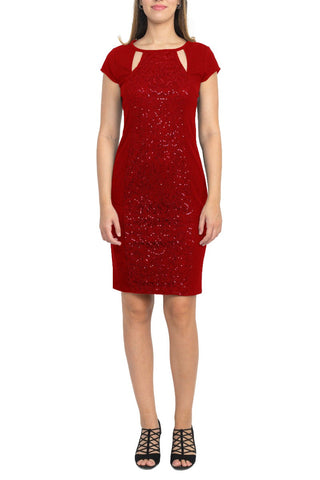 SL Fashion Cutout Crew Neck Cap Sleeve Sheath Zipper Back lace Panel Crepe Dress - By Baano
