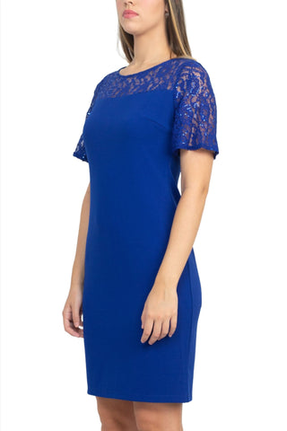 SL Fashion Crew Neck Short Sleeve Solid Sheath with Embroidered Yoke Jersey Dress - By Baano