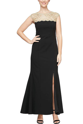 SL Fashion Scalloped Neck Sleeveless Lace Neck & Shoulder Slit Front Zipper Back Crepe Dress - By Baano