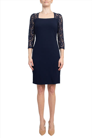 SL Fashion Square Neck 3/4 Sleeves Back Zipper Short Crepe Dress - By Baano