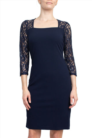 SL Fashion Square Neck 3/4 Sleeves Back Zipper Short Crepe Dress - By Baano
