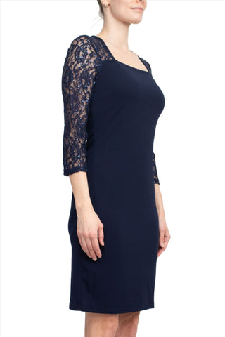SL Fashion Square Neck 3/4 Sleeves Back Zipper Short Crepe Dress - By Baano