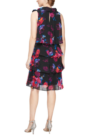 SL Fashion crew neck sleeveless tie shoulder detail keyhole back multi print tiered chiffon dress - By Baano