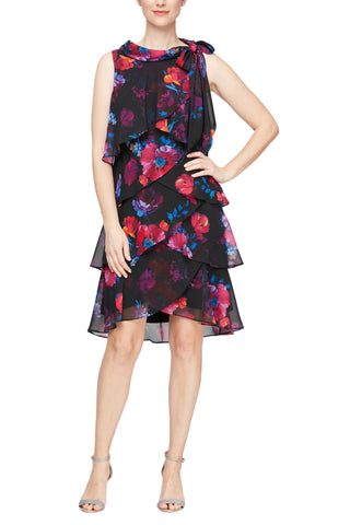 SL Fashion crew neck sleeveless tie shoulder detail keyhole back multi print tiered chiffon dress - By Baano