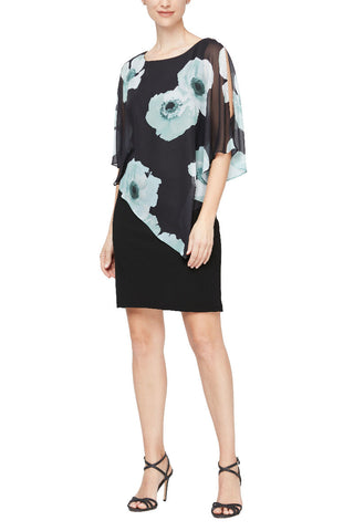 SL Fashion Floral Print Asymmetrical Chiffon Slit Shoulder Capelet Jersey Dress - By Baano