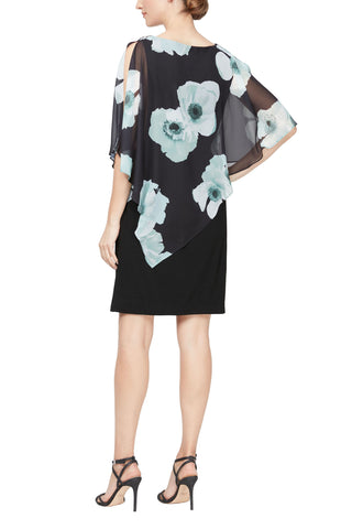SL Fashion Floral Print Asymmetrical Chiffon Slit Shoulder Capelet Jersey Dress - By Baano